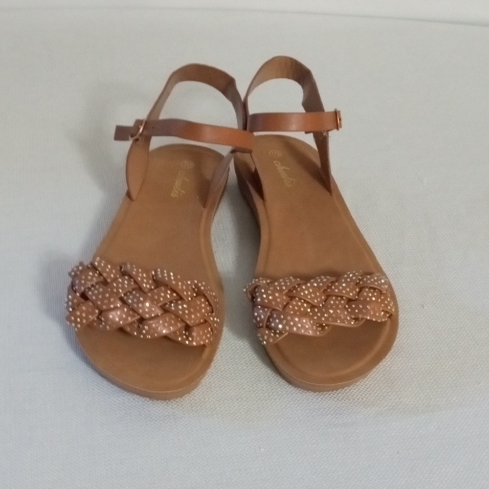 Women's Chulis flat sandals with a rhinestone-embellished braided strap.